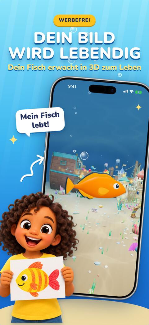 Die Papierzeichnung eines Kindes wird lebendig und schwimmt als Fisch im Aquarium
