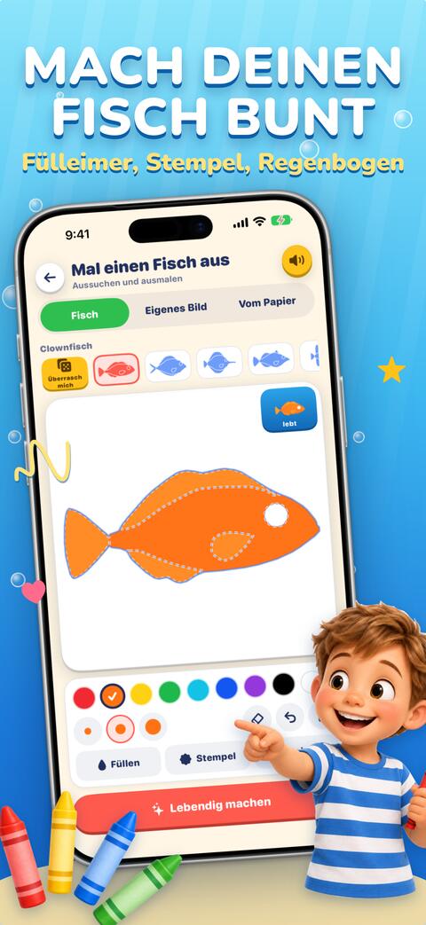 Einen Fischumriss mit Füllfarben, Stempeln und Regenbogenpalette ausmalen