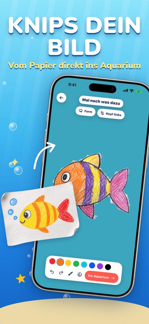 Eine ähnliche Papierzeichnung, in der App zum Fisch geworden