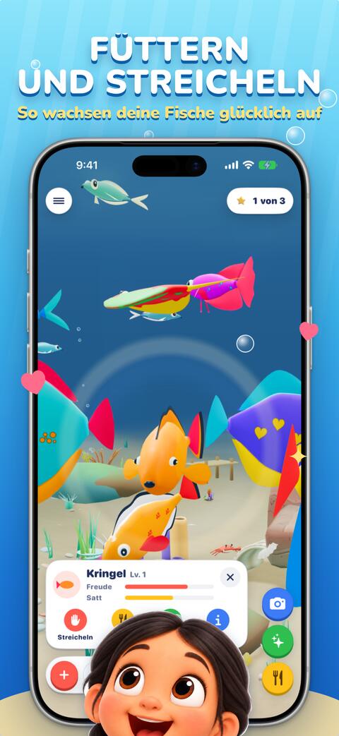 Einen Fisch im Aquarium füttern und streicheln