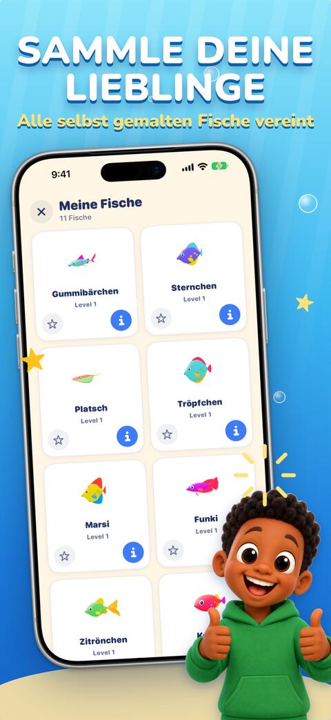 Die Sammlung „Meine Fische“ mit allen Fischen, die das Kind erschaffen hat
