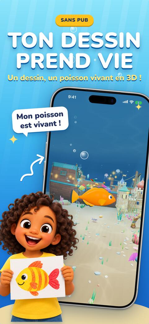 Le dessin d’un enfant sur papier prend vie : un poisson qui nage dans l’aquarium