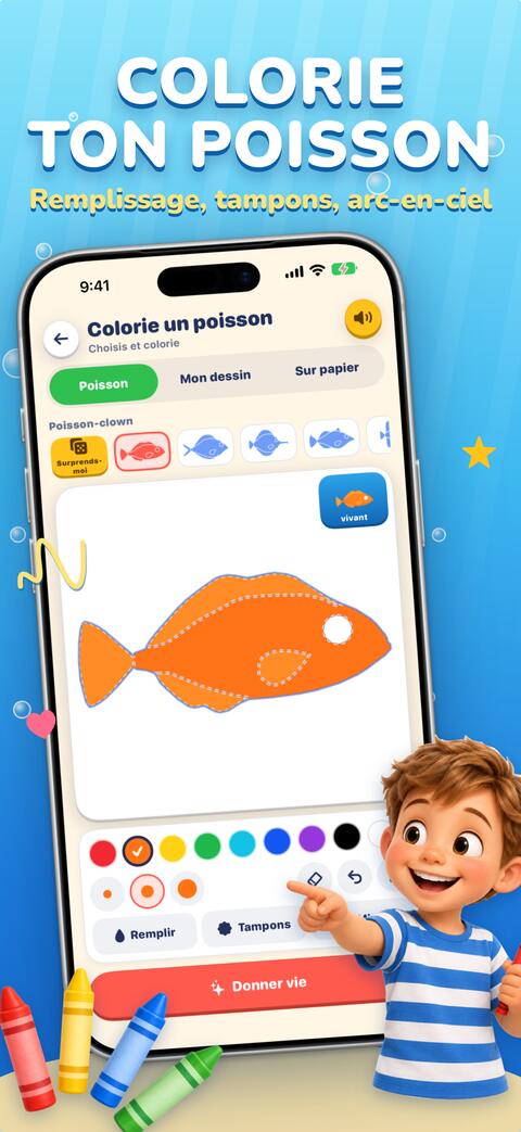 Coloriage d’un contour de poisson avec remplissages, tampons et palette arc-en-ciel