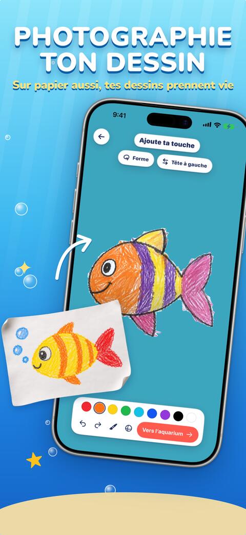 Le même genre de dessin sur papier, devenu un poisson dans l’app