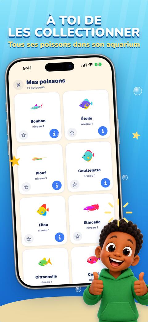 La collection « Mes poissons » avec tous les poissons créés par l’enfant